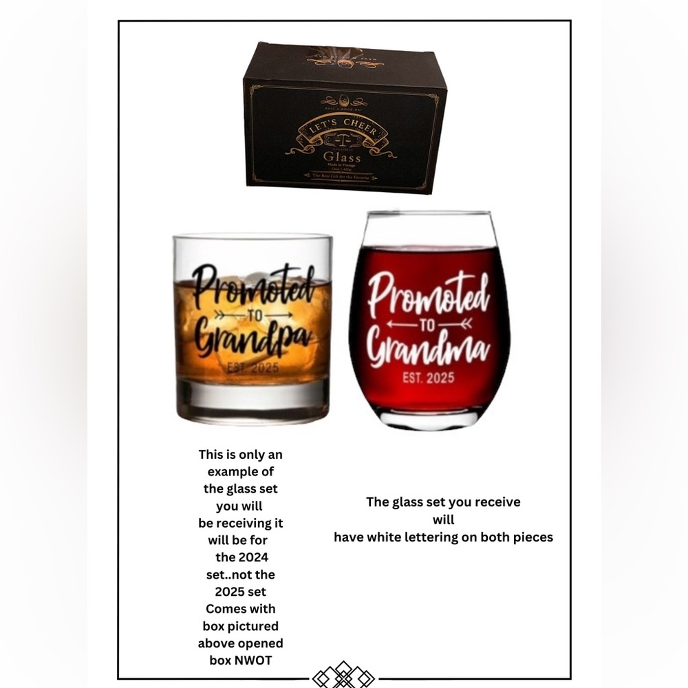 Promoted to Grandma Grandpa Stemless Wine & Whiskey Glass Gift Set NWOT